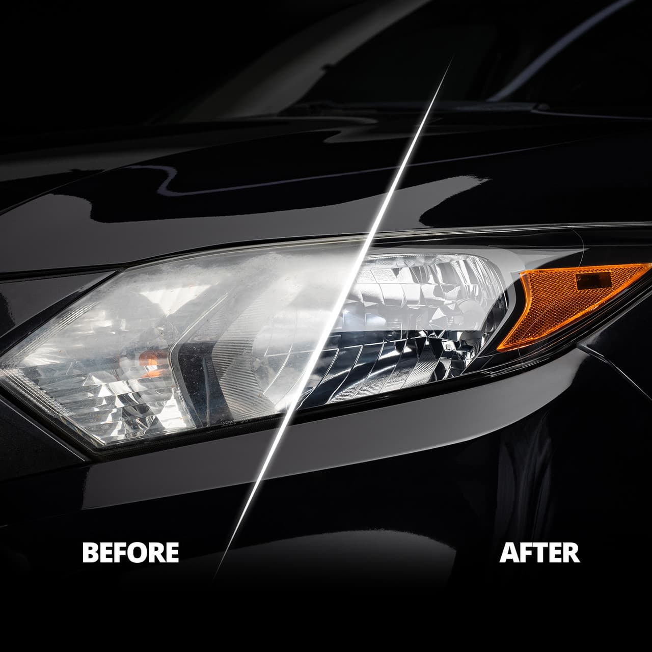 The same headlight shown half cloudy and yellowed, half restored to clear